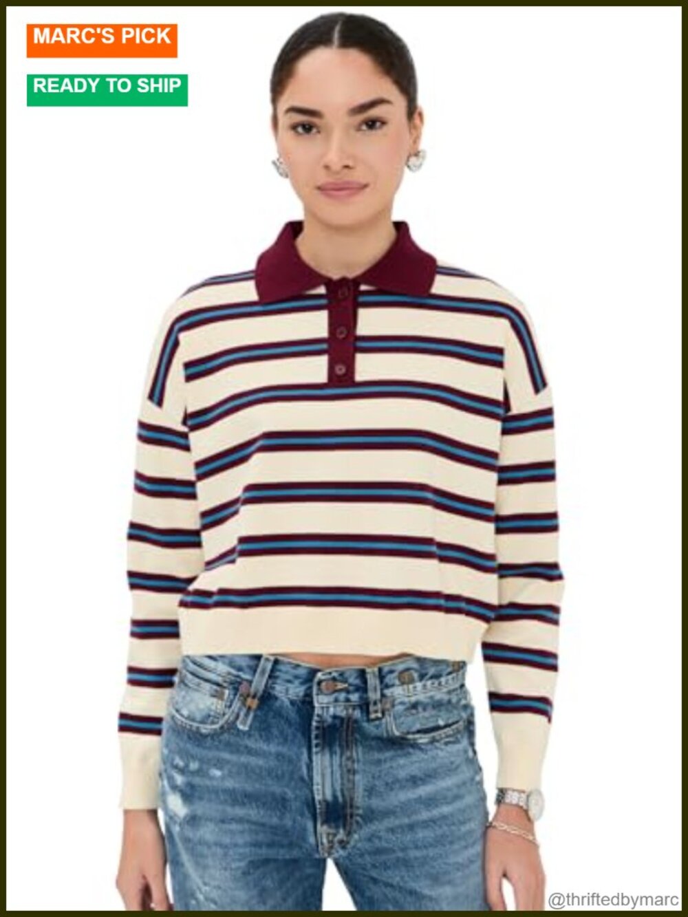 LE BOP Zadie Cropped Polo Long Sleeve Knit Top Stripe